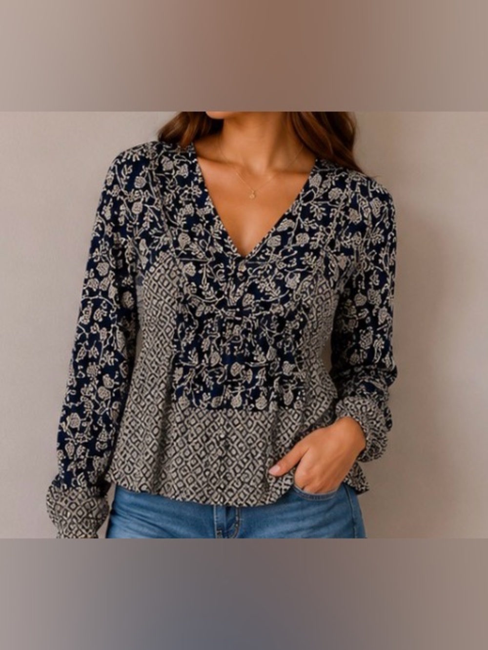 Lucky Brand Peasant Blouse Top Floral Black and White Cottagecore India Boho